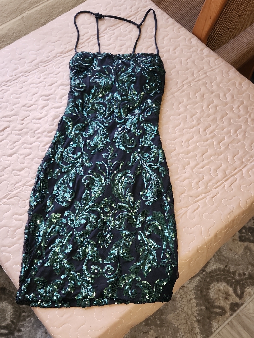 Windsor Black Mini Dress with Green Sequin Scrollwork